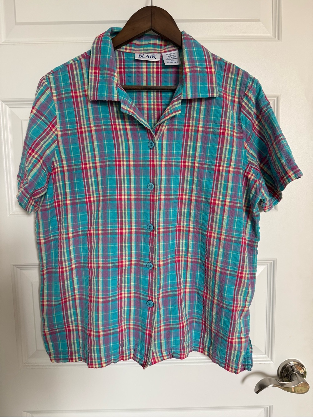 BLAIR Multicolor Plaid Cotton Button-Down Shirt Medium